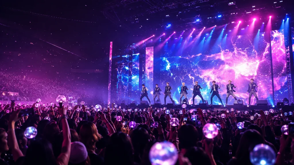 Illustration d’un grand concert de K-pop avec huit artistes sur scène et un public levant des lightsticks