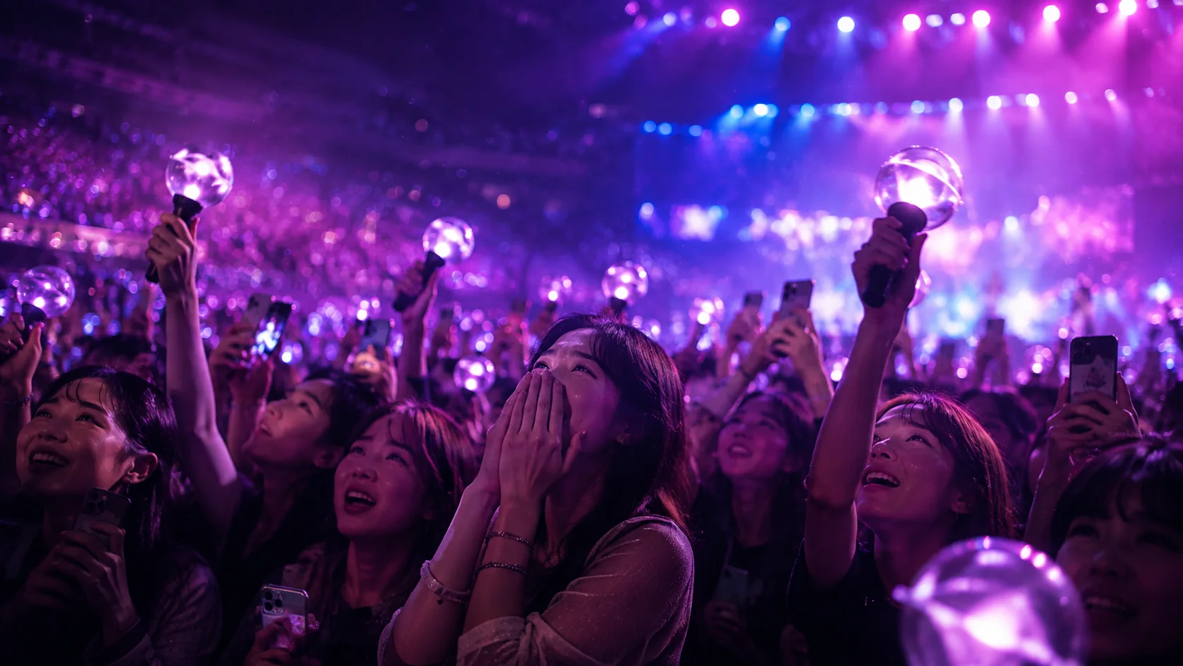 Illustration de fans de K-pop émus levant leurs lightsticks pendant un concert